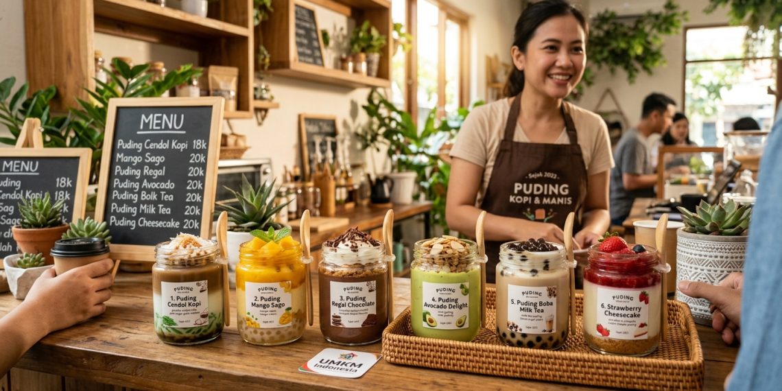 Foto puding cup dengan berbagai varian rasa dan topping, ditampilkan dalam kemasan yang menarik dengan latar belakang meja usaha atau lingkungan kampus.