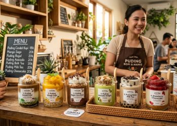 Foto puding cup dengan berbagai varian rasa dan topping, ditampilkan dalam kemasan yang menarik dengan latar belakang meja usaha atau lingkungan kampus.