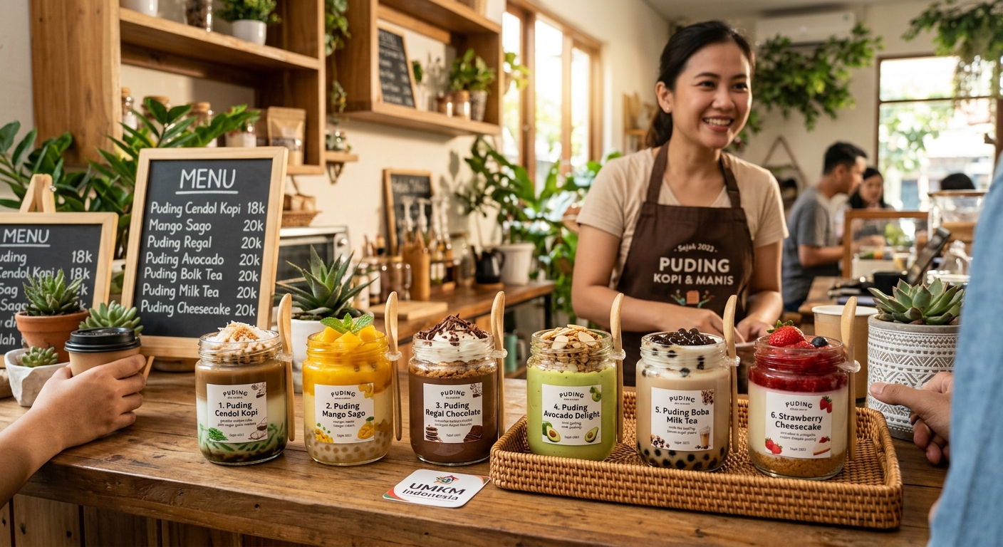 Foto puding cup dengan berbagai varian rasa dan topping, ditampilkan dalam kemasan yang menarik dengan latar belakang meja usaha atau lingkungan kampus.